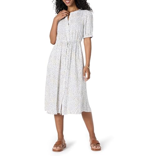 Amazon Essentials Women's Relaxed Fit Half-Sleeve Breathable Button Front Drawstring Waist Midi A-Line Dress with Pockets - color: Off White Micro Confetti Print, size: Small