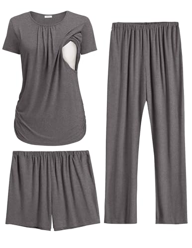 Ekouaer Maternity Nursing Pajamas Set 3 Piece Postpartum Breastfeeding Pjs - color: Dark Gray, size: Large