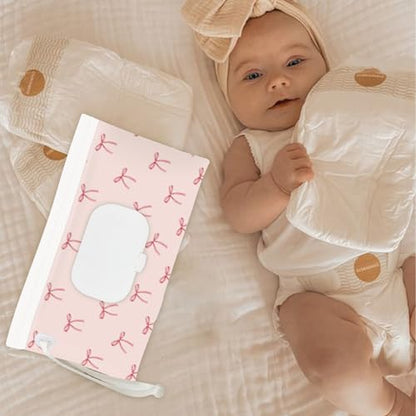 Wipe Dispenser and Wipes Container, 2 Pack Reusable Wipes Holder and Travel Wipes Case, Refillable Pouch for Baby Essentials, blush& bow Design (Blush) - color: Blush