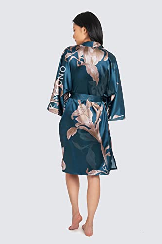 KIM+ONO Satin Short Kimono Robe for Women - color: Ayame - Peacock