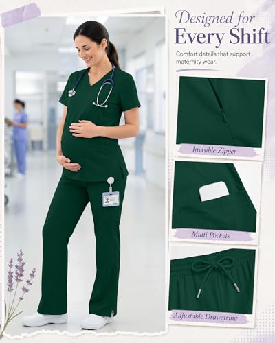 Women's Maternity Scrub Top Pant Set - color: Dark Green, size: Medium