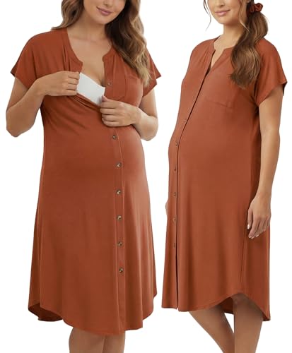 PATPAT Maternity Nursing Dress, Womens Button-Down Midi Dress with Pockets - color: Burnt Orange, size: X-Large