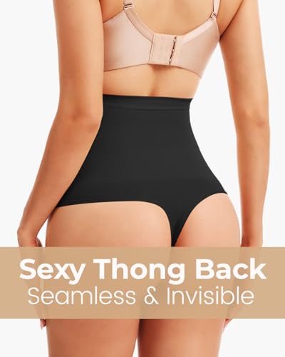 Seamless High Waisted Tummy Control Shapewear Thong - color: 2pack-black, size: Large