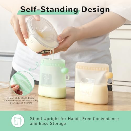 COMI Silicone Breast Milk Storage Bags Reusable, 9oz, BPA Free, 7pcs - color: 3Green+4Pink