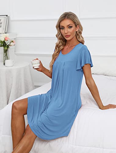 Womens Pleated Front Loose Fit Short Sleeve Nightgowns Sleep Dress - color: A-solid - Baby Blue, size: Large
