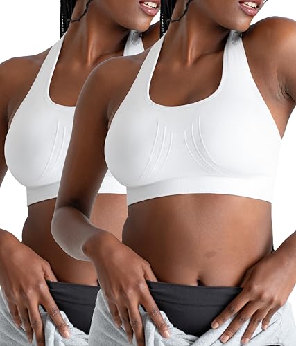 SHAPERMINT Sports Bras for Women, Racerback Workout Bra, Medium Support - color: 2 Pack, White, size: XX-Large