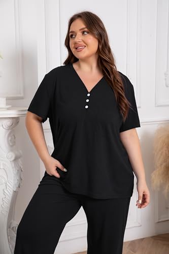Vozanet Women's Plus Size Pajama Sets V Neck Pants Sets Solid Color Button Sleepwear Soft Loungewear Nighty with Pockets - color: Black, size: 5X-Large