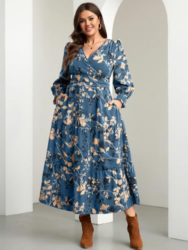 RWJ Women's Plus Size Fall Wedding Guest Dress Long Sleeve Maxi with Pocket - color: Dusty Blue Floral, size: 3X-Large Plus
