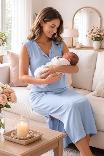OUGES Women's Anti-Wrinkle Airy Layer Summer Maternity Dress V Neck Split Midi Nursing Dresses with Pockets 2026 - color: Light Blue, size: Small