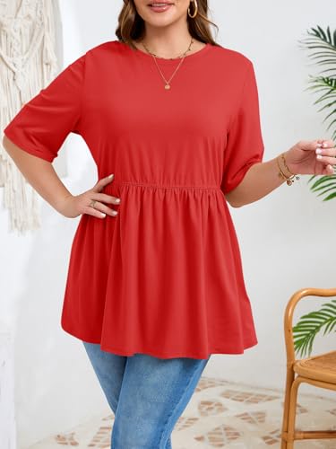 Beautife Womens Plus Size Babydoll Tops Summer Peplum Flowy Tunic Blouses - color: Red, size: 3X-Large Plus