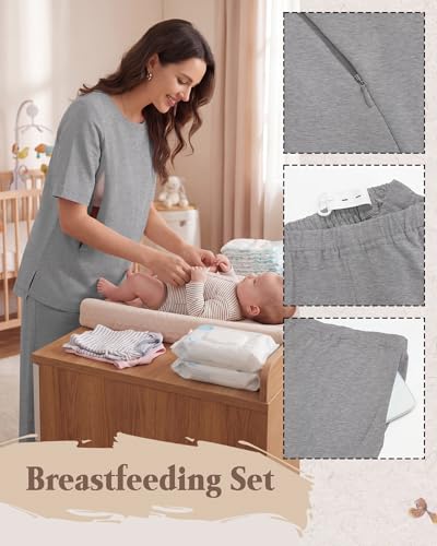 2Pc Postpartum Nursing Pajamas Set - color: Light Heather Gray, size: X-Large