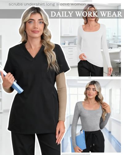 Xaatren 4 Pack Women's Underscrub Shirts Long Sleeve Tops - color: Black, Light Gray, White, Khaki, size: Medium