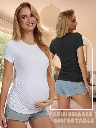 3 Pack Womens Maternity Shirts, Crew Neck Maternity Top Short Sleeve - color: Black/White/Dark Grey, size: Medium