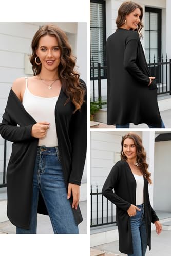 OUGES Women's Open Front Cardigan Shirt with Pockets Long Sleeve Lightweight Coat - color: Black, size: Small