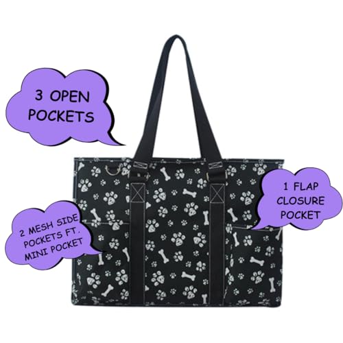 NGIL Work Tote Bag with Exterior Pockets - color: Ngil Zip-printed Paws-black