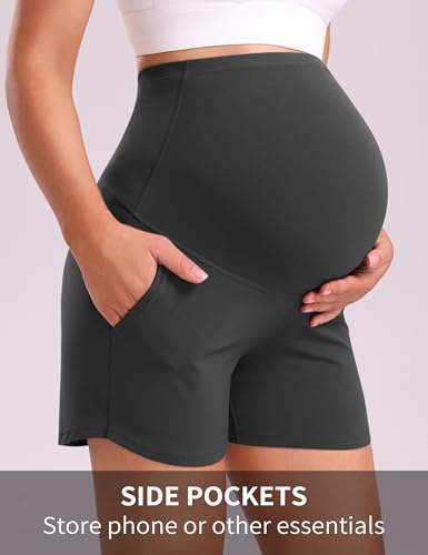 Mama Land Women's Maternity Athletic Shorts with Pockets, 4 Inch - color: Dark Grey, size: Medium
