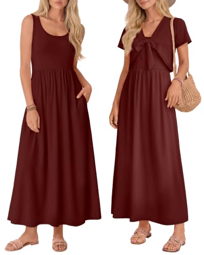 Women's Maxi Sundress Cropped Cardigan Set - color: Burgundy, size: Medium