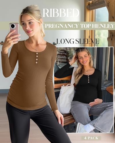 4 Pack Maternity Long Sleeve Shirts Pregnancy Tops - color: Black, Coffee, Brown, Apricot, size: X-Large