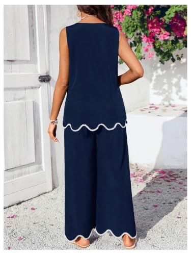 RoseSeek Women's Maternity 2 Piece Outfits Tank Top and Wide Leg Pants - color: Deep Blue, size: Medium