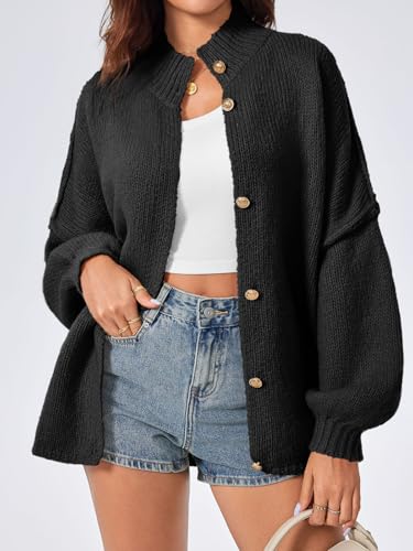 Saodimallsu Womens Oversized Cardigans Long Lantern Sleeve Button Down Chunky Knit Loose Fall Sweater Coats - color: Black, size: X-Large