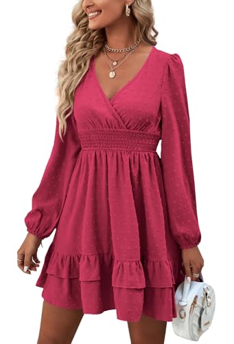 Rooscier Women's Wrap V Neck Swing Ruffle Swiss Dots Long Sleeve Mini Dress - color: Rose, size: X-Small