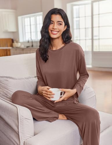 Ekouaer Lounge Sets for Women Long Sleeve Pajamas Fall Loungewear - color: Brown, size: Medium