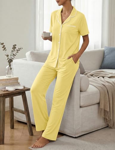 Womens Pajamas Sets 2 Piece Button Up Pj Sets Short Sleeve with Long Pant - color: Yellow, size: Medium