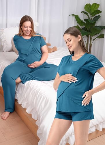 Rnxrbb 3 Piece Postpartum Nursing Pajamas Set Maternity Breastfeeding Pjs - color: Deep Blue, size: Large