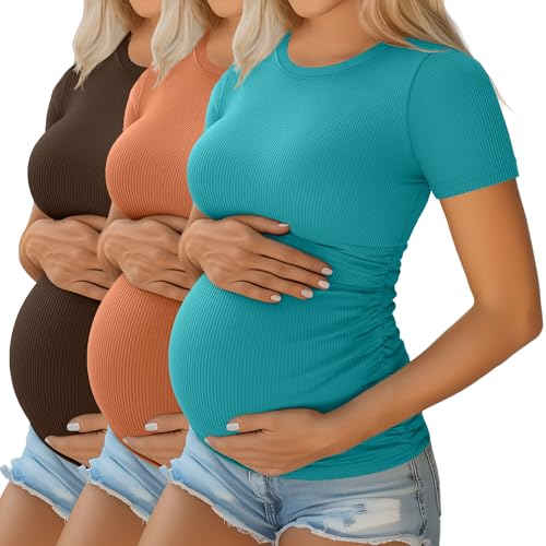 Ficerd 3 Pack Women's Short Sleeve Maternity Shirts - color: Coffee, Pumpkin, Teal, size: Medium