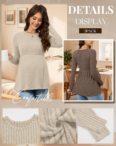 3 Pack Maternity Sweaters Long Sleeve Ribbed Shirts - color: Apricot, Coffee, Dark Camel, size: Small