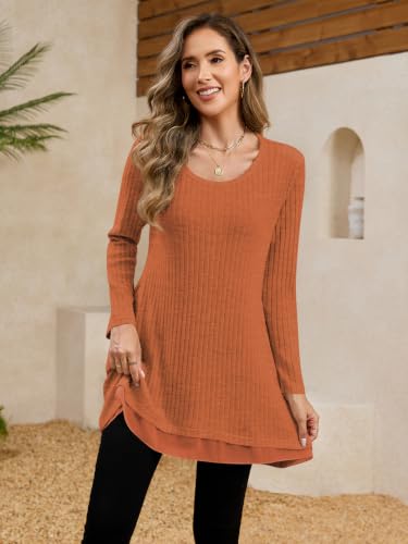 Poetsky Womens Long Sleeve Tunic Tops Fall Long Shirts Sweater with Pockets - color: Caramel, size: Medium