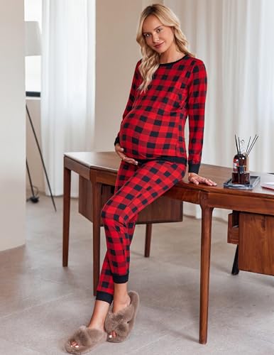 Ekouaer Nursing Pajamas Set Long Sleeve Maternity Clothes Thermal Underwear - color: Black Red Plaid, size: Small