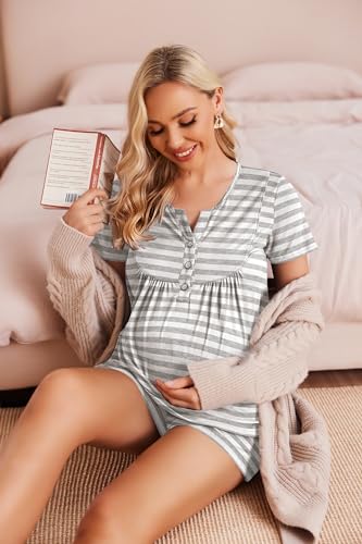 Ekouaer Women Maternity Nursing Pajama Sets Short Sleeve Postpartum Pajamas - color: Light Grey Stripe, size: Medium