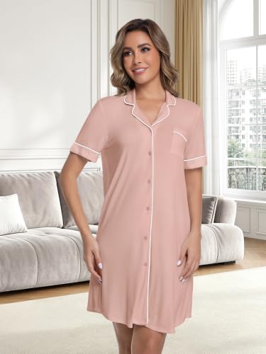 Womens Nightgown Bamboo Viscose Button Down Night Gowns - color: Dusty Rose, size: Small