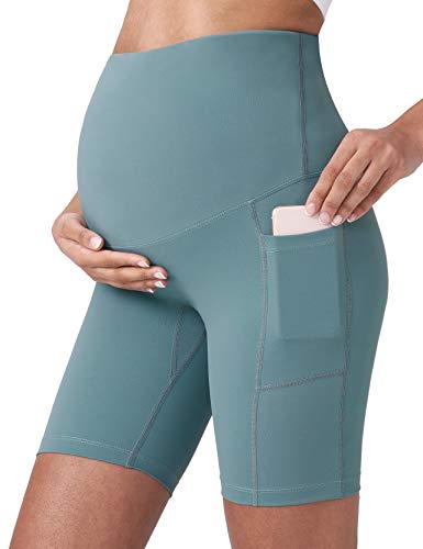 POSHDIVAH Maternity Biker Shorts Over the Belly with Pockets 5"/8" - color: Light Green, size: Medium