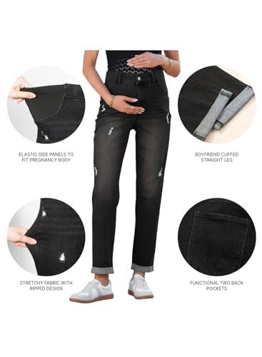 BLENCOT Maternity Jeans High Rise Stretchy Waistband Straight Leg - color: Black, size: Small
