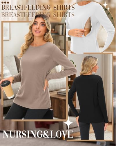 Neer 3 Pack Women's Nursing Hidden Zipper Long Sleeve Shirts - color: Khaki, White, Black, size: Small