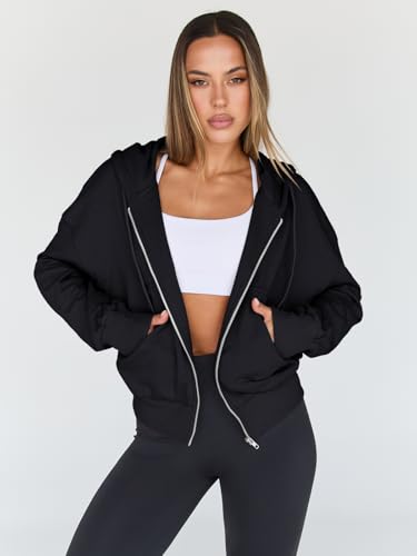 Trendy Queen Womens Zip Up Hoodies Cropped Jackets Fall Outfits 2026 - color: Black, size: X-Large