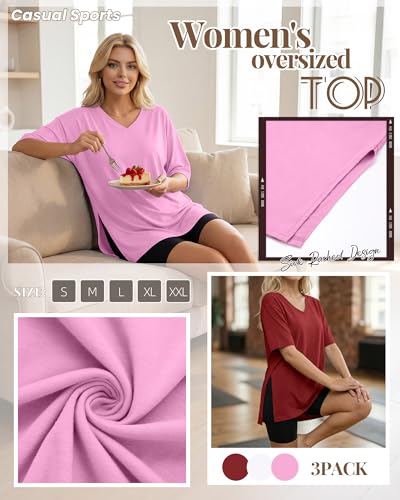 Huukeay 3 Pack Oversized Shirts for Women V Neck - color: Magnolia Pink, White, Wine Red, size: Large