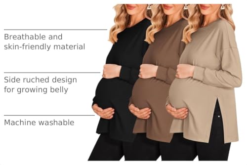 Ekouaer 3 Packs Maternity Shirts Split Side Pregnancy Workout Tops - color: 3pcs- Black + Brown + Khaki, size: Medium