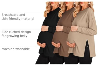 Ekouaer 3 Packs Maternity Shirts Split Side Pregnancy Workout Tops - color: 3pcs- Black + Brown + Khaki, size: XX-Large