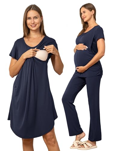 SUNNYBUY 3 PCS Maternity Nursing Sleepwear Set with Nightgown, Top & Pants - color: Navy, size: Large
