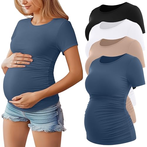 Huukeay 4 Pack Women's Short Sleeve Maternity Tops - color: Black, White, Khaki, Haze Blue, size: Medium