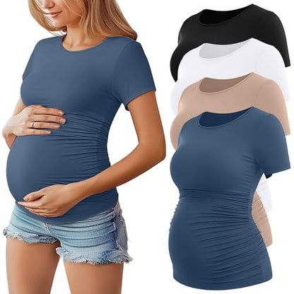 Huukeay 4 Pack Women's Short Sleeve Maternity Tops - color: Black, White, Khaki, Haze Blue, size: Medium