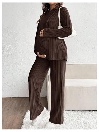 MakeMeChic Women's Maternity 2 Piece Sets Ribbed Knit Hoodie Pants Outfits - color: Brown, size: XX-Large