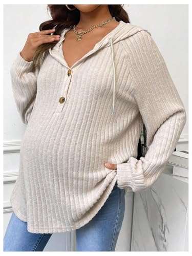 BEAUDRM Women's Maternity Half Button Sweatshirts Long Sleeve Ribbed Knit Pregnancy Shirt Spring Clothes - color: Khaki, size: Large