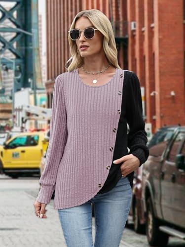 MixShe Womens Knit Sweaters 2026 Fall Winter Casual Long Sleeve Ribbed Colorblock Button Pullover Tops - color: Grey Pink, size: Small