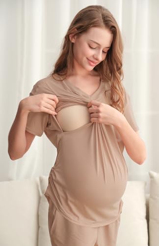DANSHOW Maternity Nursing Pajama Set Postpartum Lounge PJS - color: Light Pink, size: X-Large