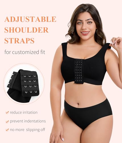 CYDREAM Wireless Front Closure Bra for Women Compression Back Smoothing Post Surgery Bra Adjustable Straps - color: Black, size: X-Large