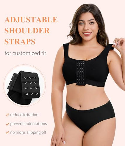 CYDREAM Wireless Front Closure Bra for Women Compression Back Smoothing Post Surgery Bra Adjustable Straps - color: Black, size: XX-Large